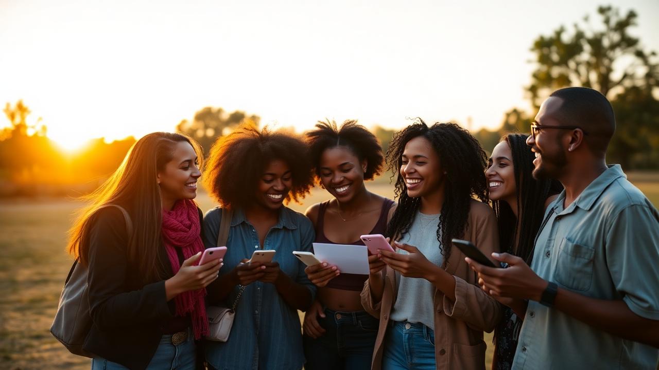 A group of friends laughing together while planning something on their phones at sunset